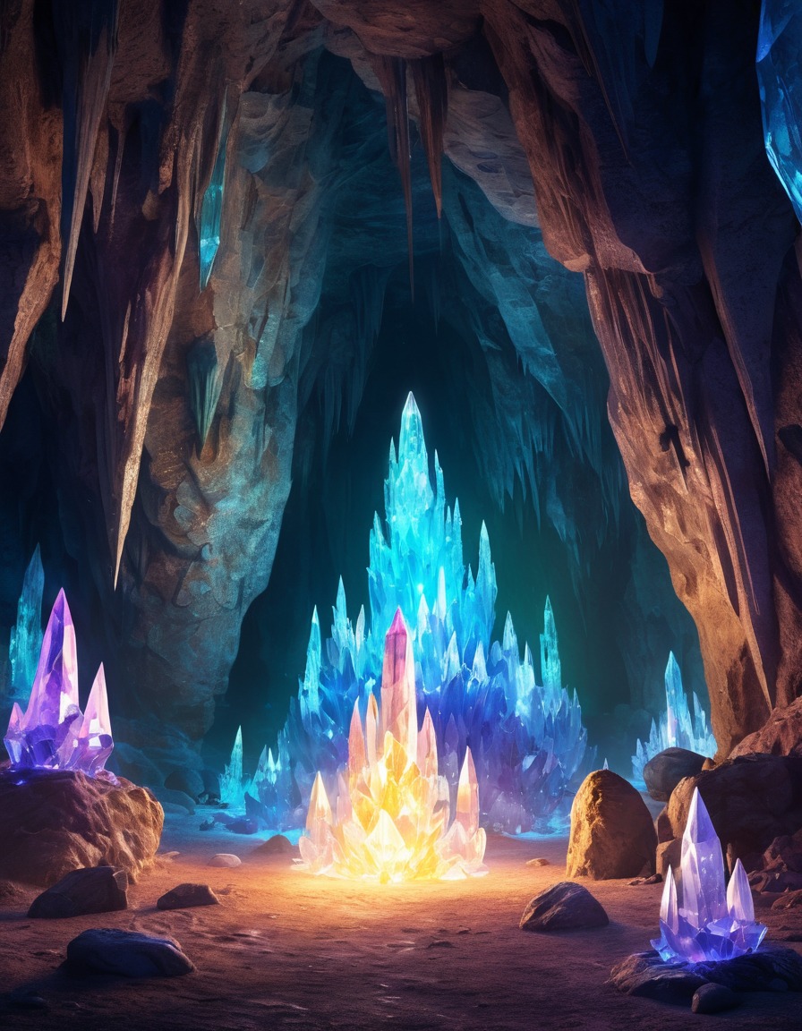 crystal cave, glowing crystals, mysterious energy, fantasy, cave exploration, magic, enchantment