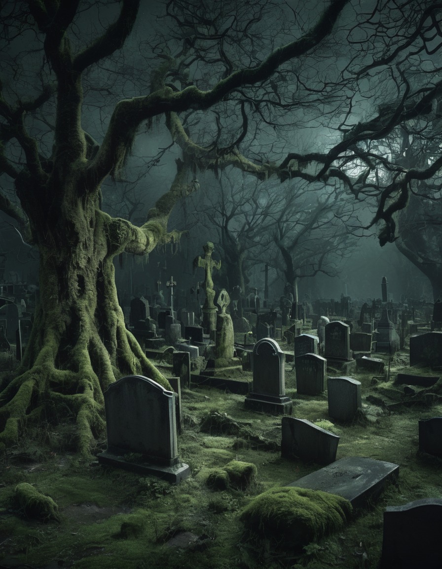 graveyard, twisted trees, gravestones, moss, eerie, gothic, underground, dark