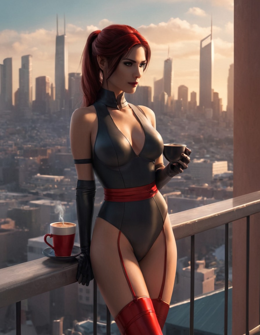 cityscape, peaceful, morning, coffee, balcony, superhero, superheroine, bikini