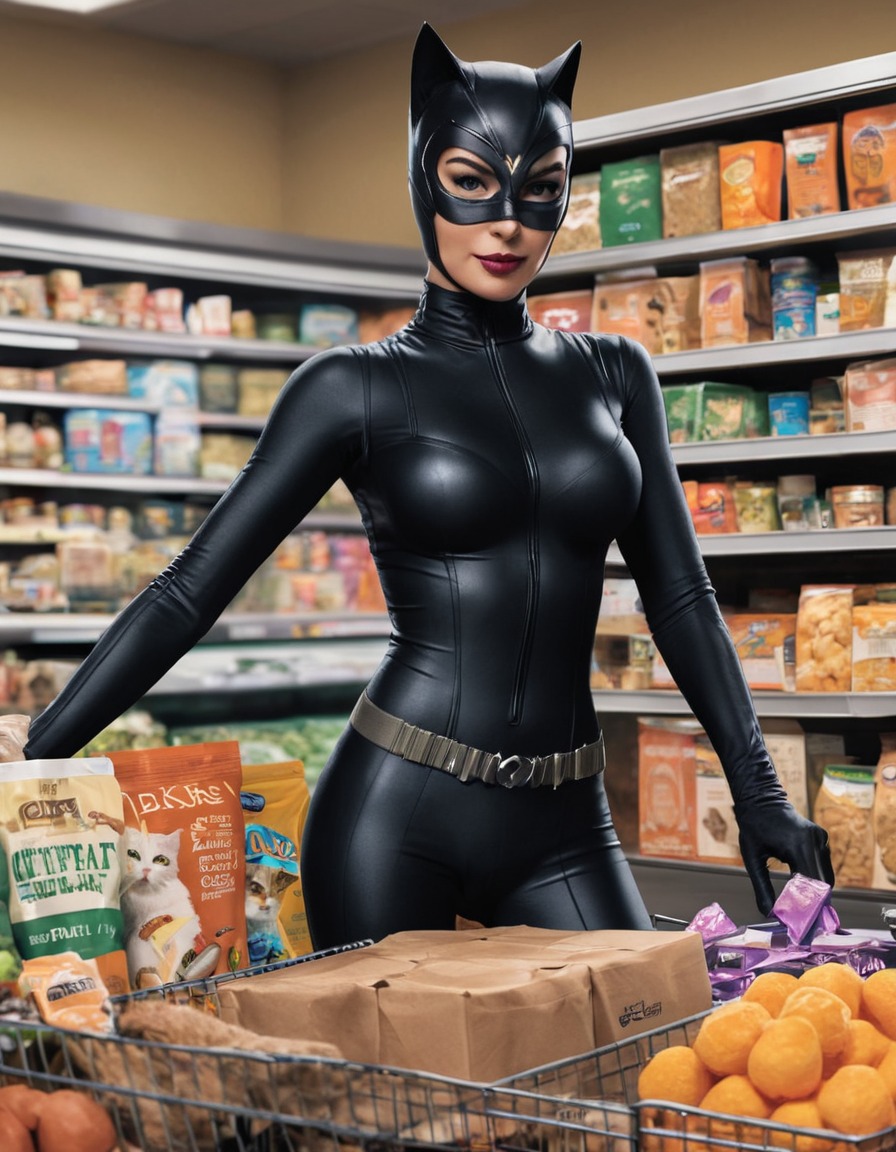 catwoman, grocery shopping, pet care, treats, favorite products, superhero, superheroine, bikini