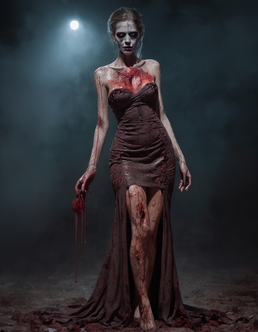 sexy zombie, evening gown, dirt, blood, zombie, nsfw