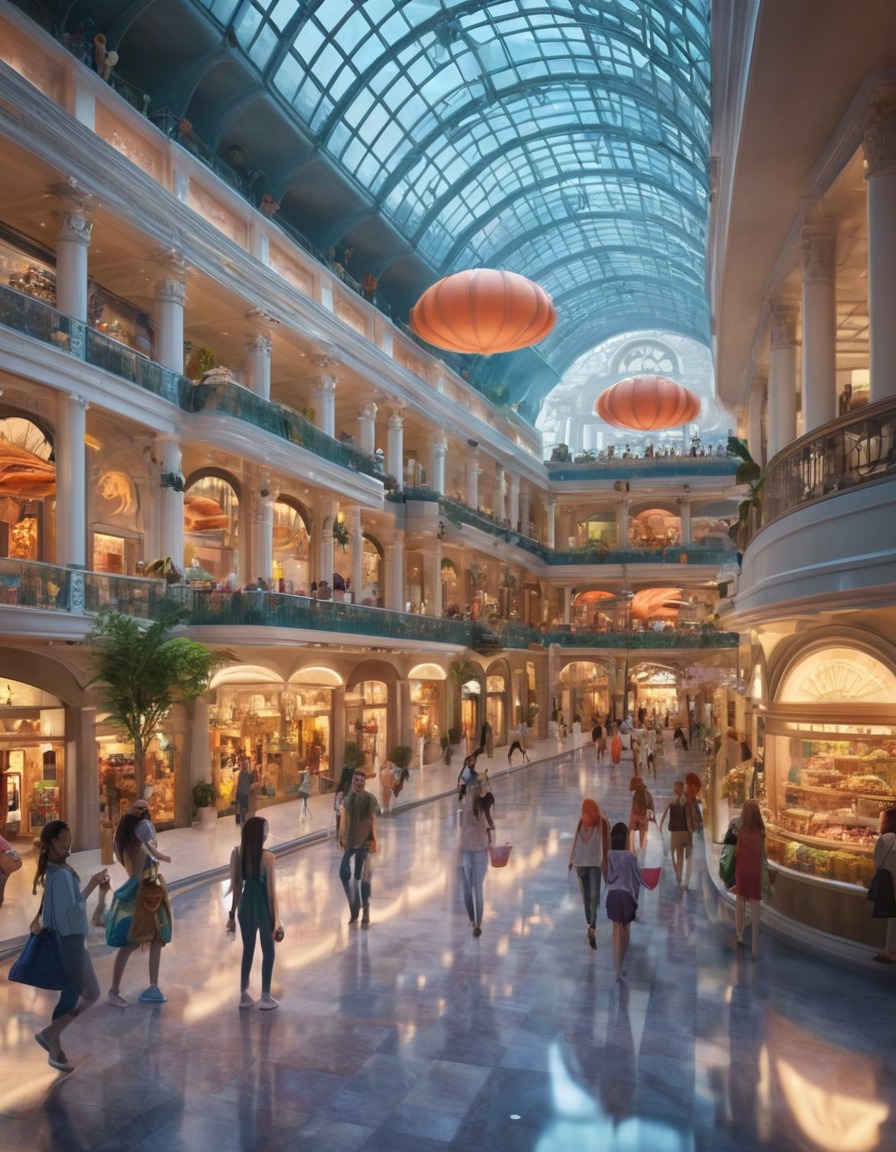 shopping mall, fantasy, fantastic city, fictional creatures, urban fantasy, magical shopping, mythical beings