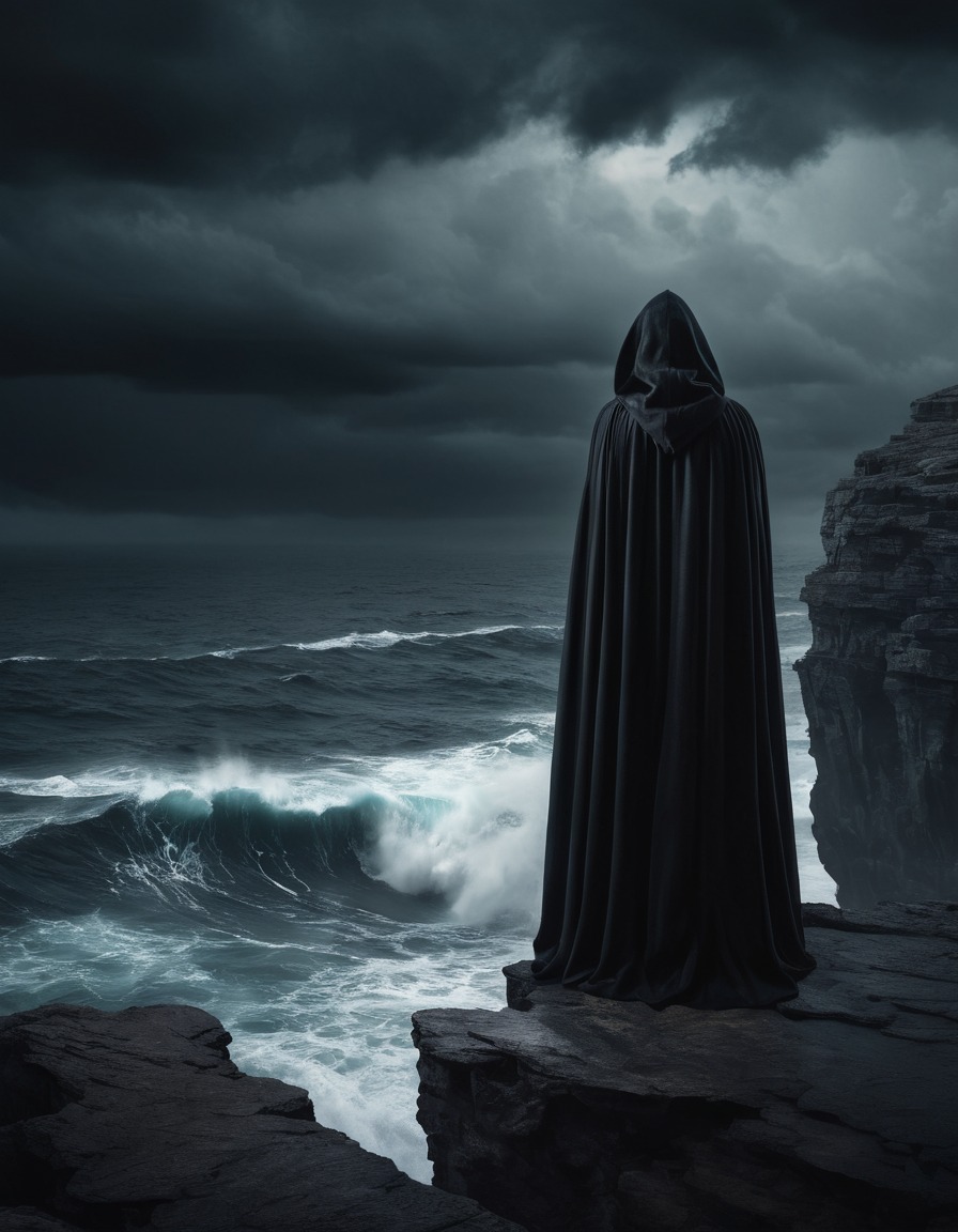 mystery, silhouette, cliff, stormy sea, dark, sinister figure, gothic, underground