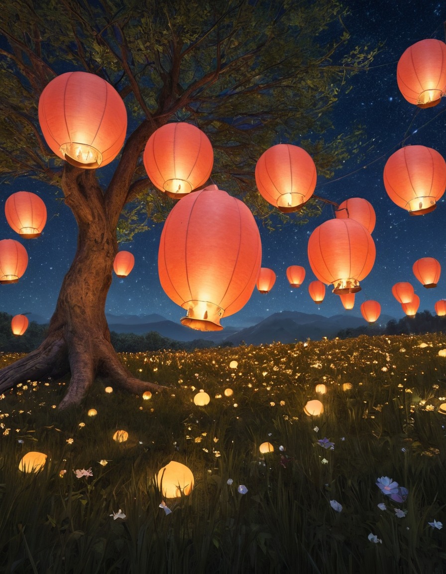 fantasy, meadow, starlit, ethereal beings, lanterns, fantastic