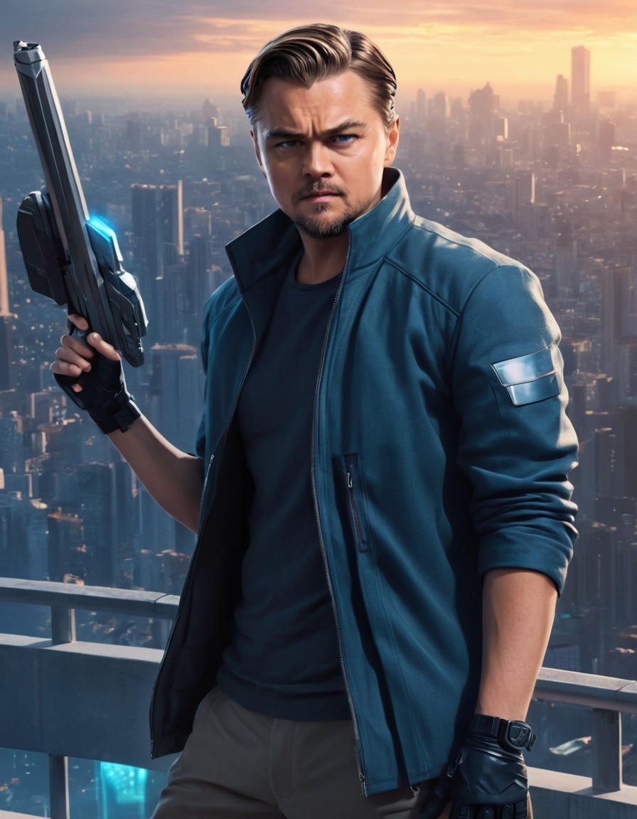 leonardo dicaprio, anime, hero, futuristic, weapon, high-tech, cityscape