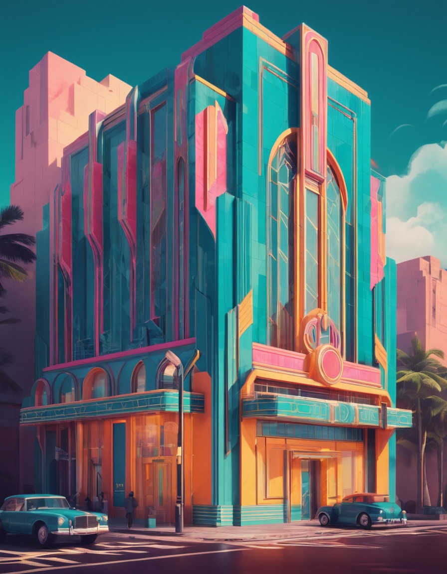 architecture, art deco, vibrant, geometric shapes, bold colors