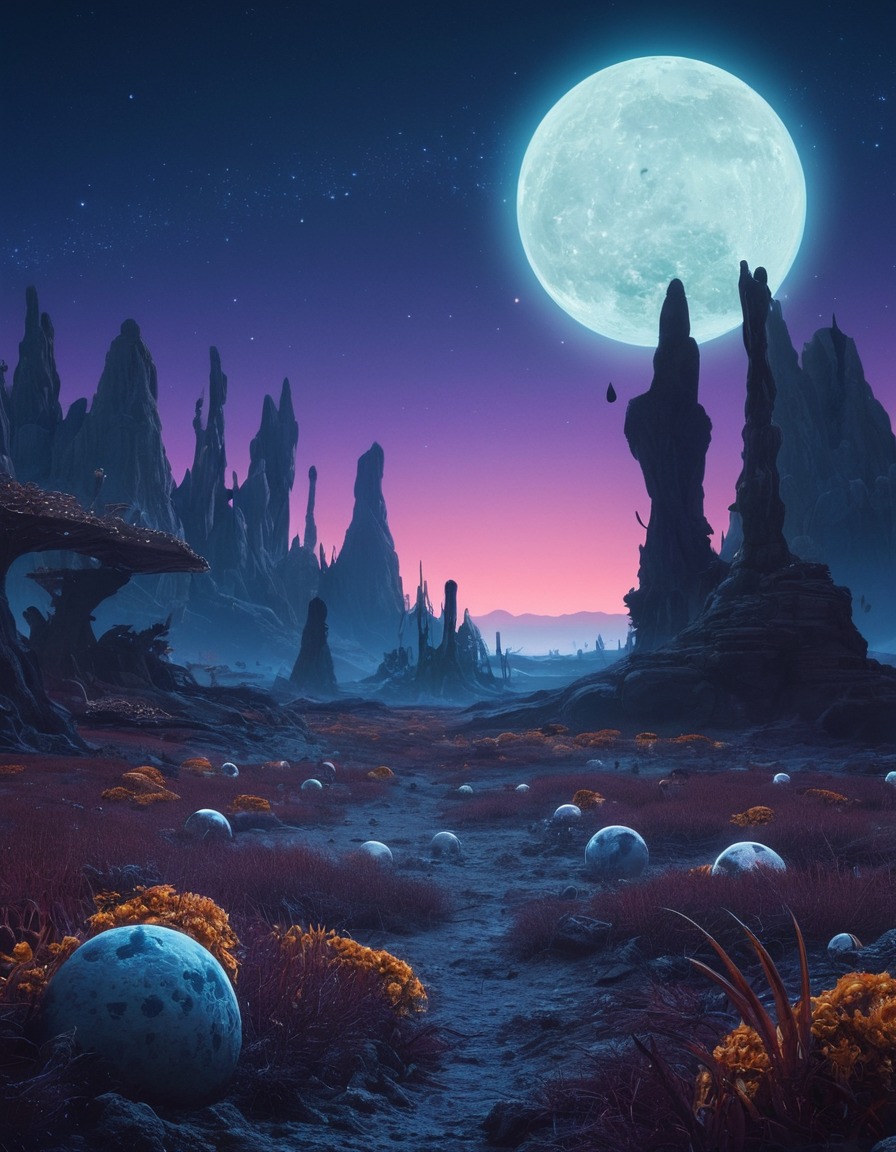 alien planet, bizarre flora, bizarre fauna, multiple moons, distant star, space, stars