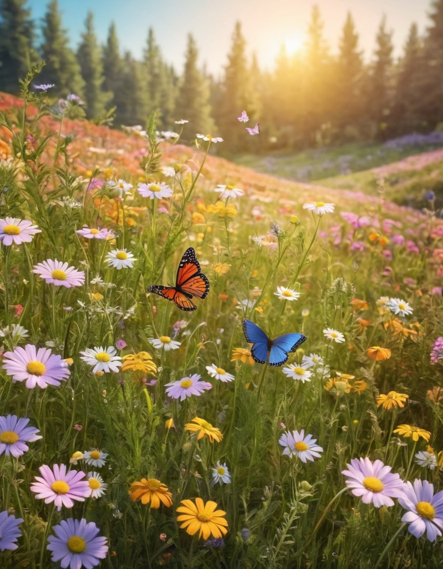 nature, meadow, wildflowers, butterflies, peaceful