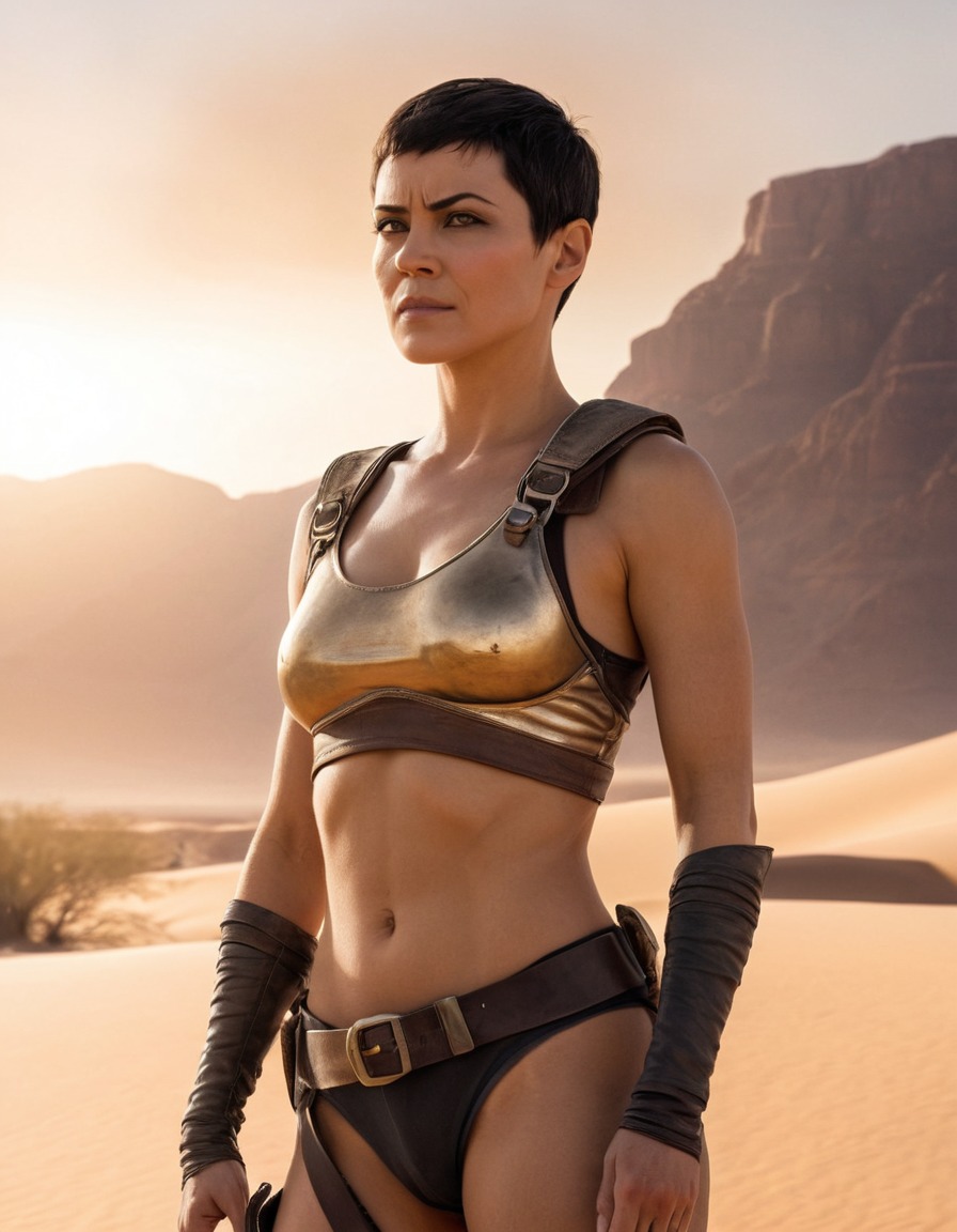 woman, furiosa, standing, confident, desert, sun glare, mad max