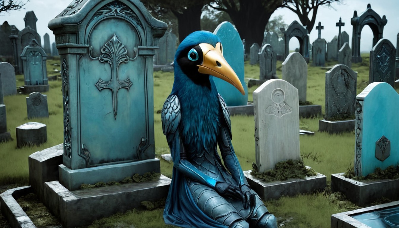 digitalart, bird, animal, cemetery, abstractart, creature, creepy, cute, dark, demon, epic, evil, fantasy, gravestone, graveyard, halloween, horror, macabre, monster, night, scifi, scififantasy, shadow, tombstone, aiart, dailychallenge, jamesar, noaihaters