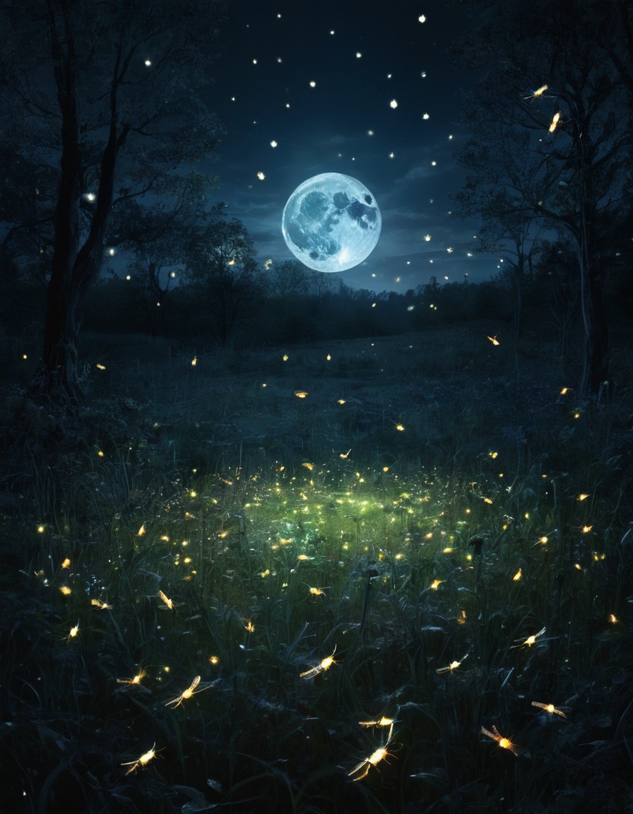 fireflies, glowing, moonlit, meadow, circle, mystical, nature