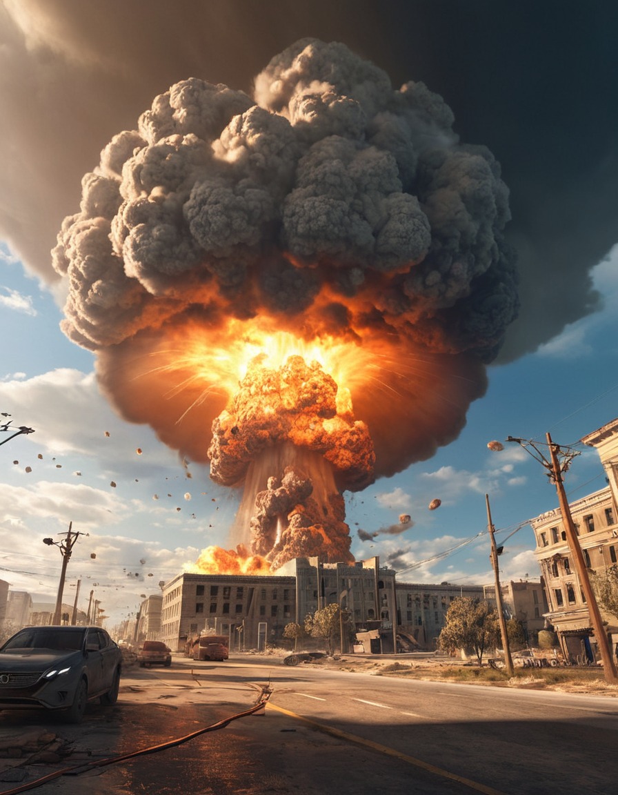 nuclear explosion, destruction, disaster, cityscape, devastation, power, force, nuclear, weapon, explosion