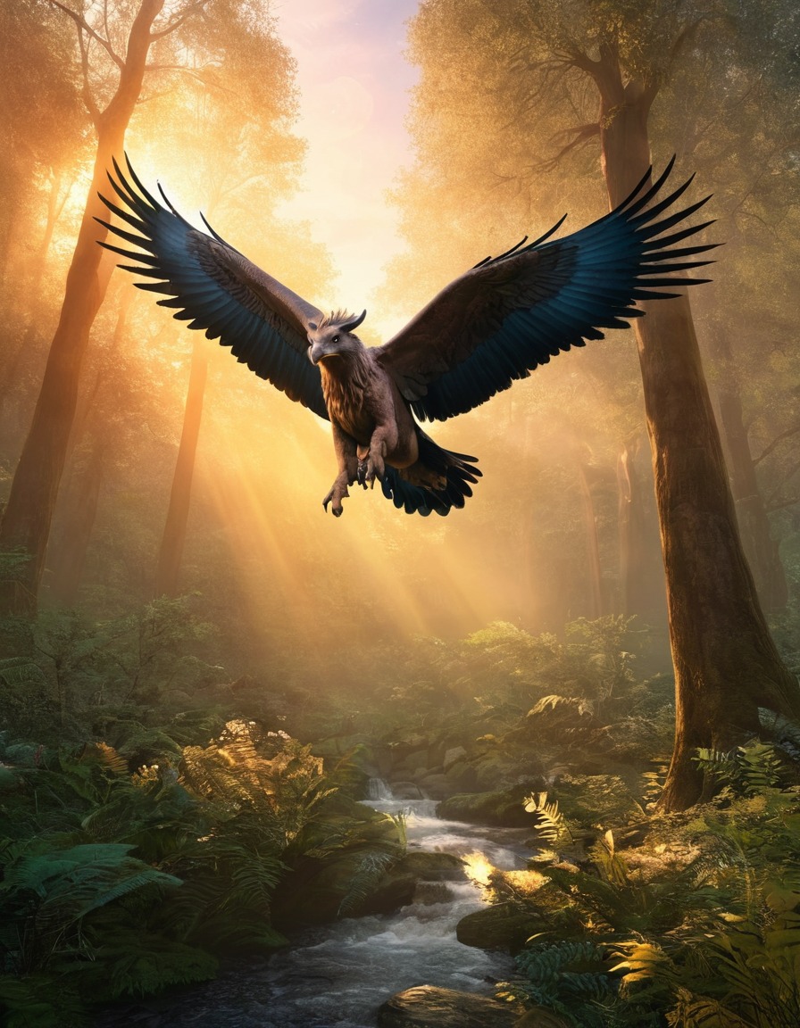 hippogriff, mythical creature, forest, sunrise, majestic