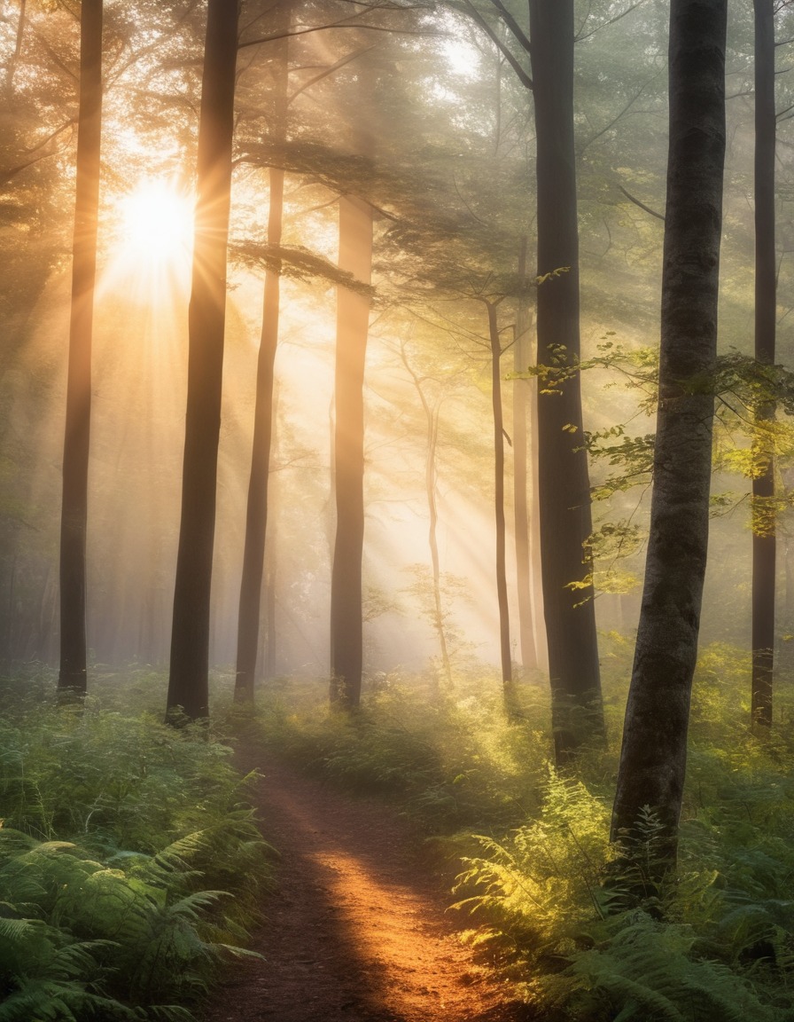 nature, sunrise, forest, mist, sunlight