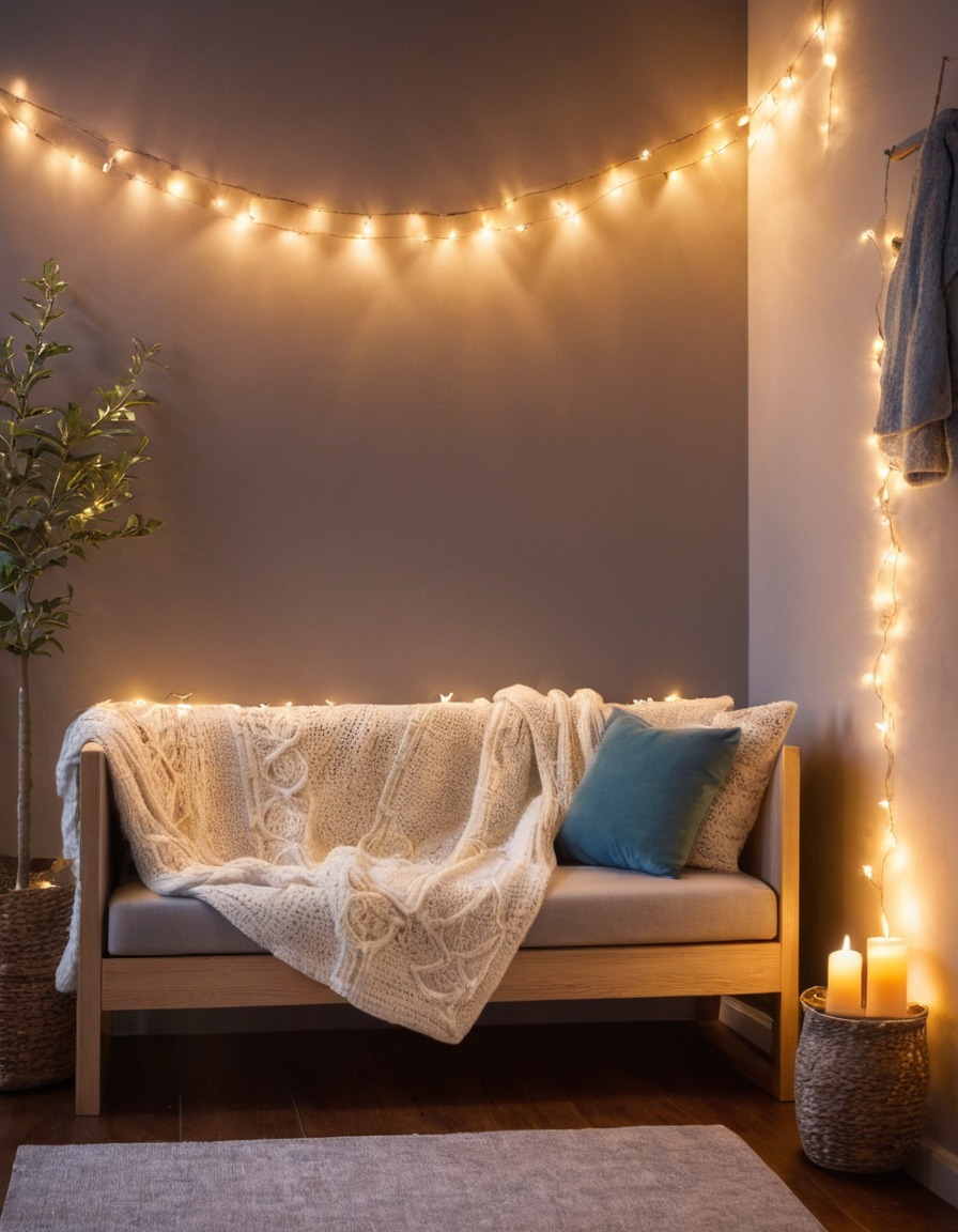 reading nook, comfortable, blanket, string lights, home, interior