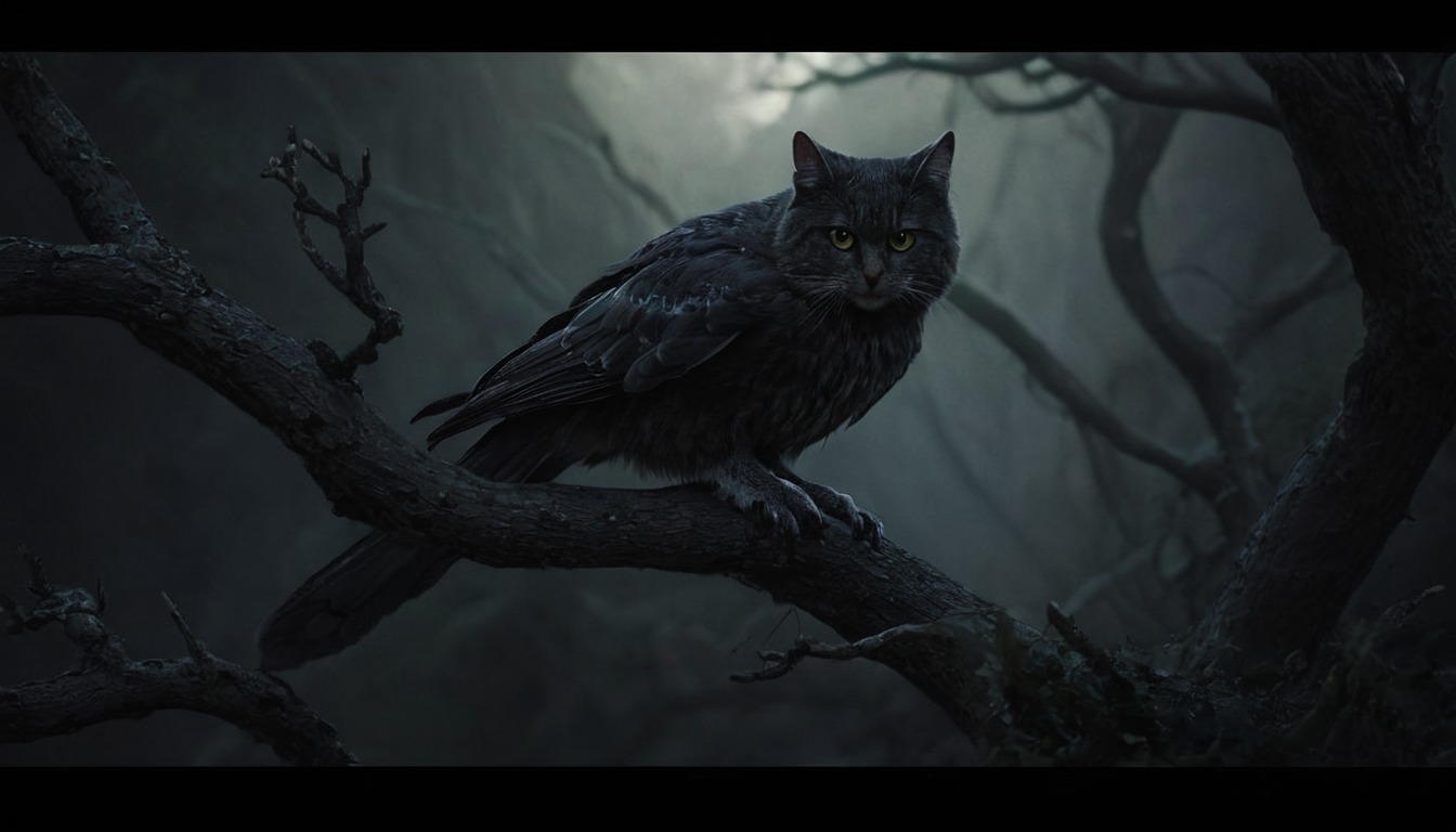 digitalart, cat, animal, bird, owl, digitalpainting, forest, creature, feline, dark, hybrid, raven, ravens, hybridcreature, dailychallenge, aiartcommunity, midjourney, midjourneyai, midjourneyart, midjourneyartwork, midjourneyaiart, midjourneycommunity