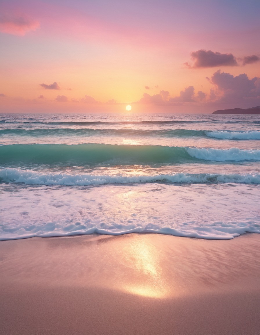 beach, sunset, pastel colors, waves, serene, nature