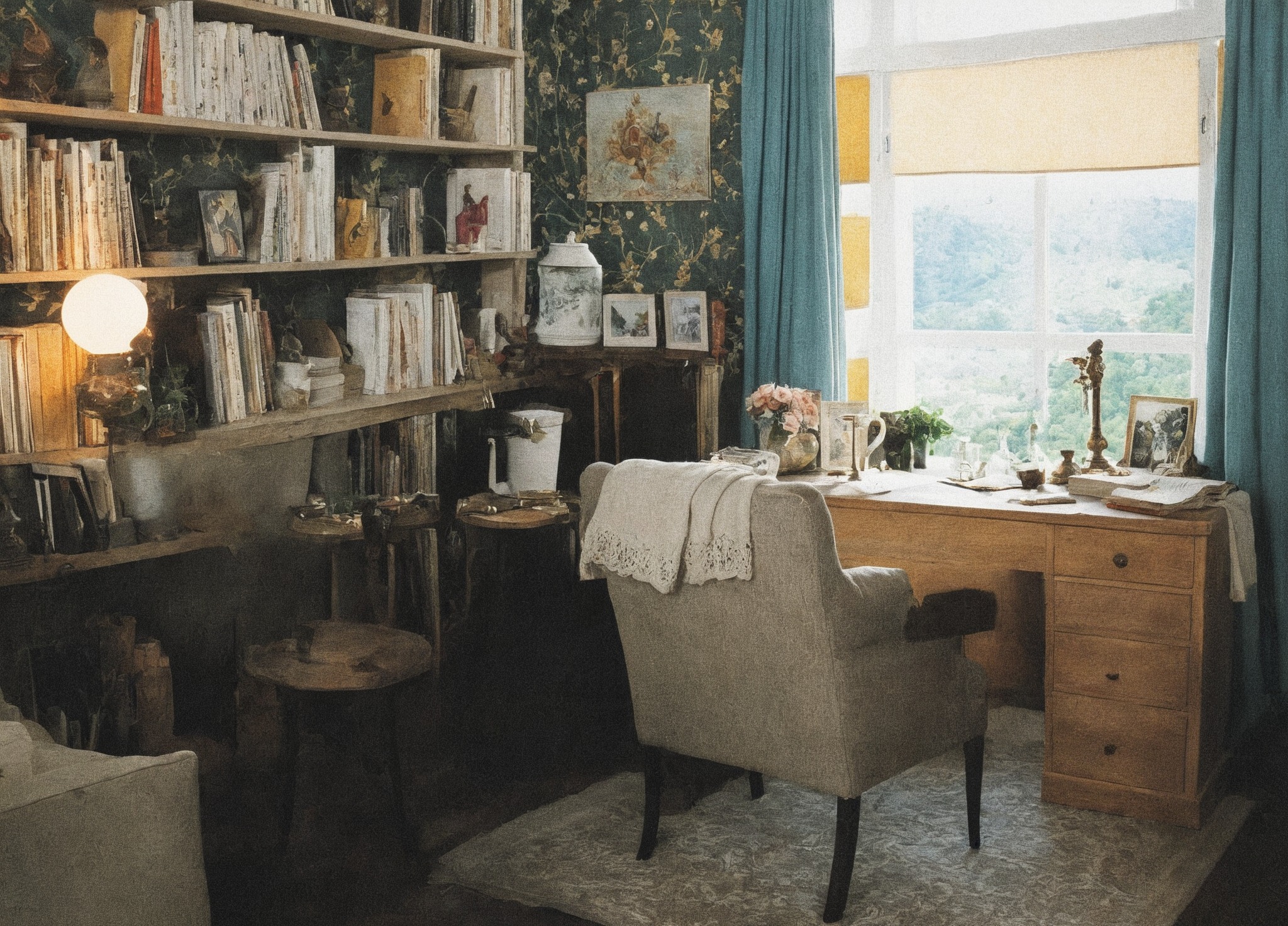 vintage, vintage interior, 1980s, 80s, interior design, home decor, home office, study, bookshelves, desk, floral, upholster, rug, corner chair, william morris, wallpaper, blackthorn, classical, style, irish, home