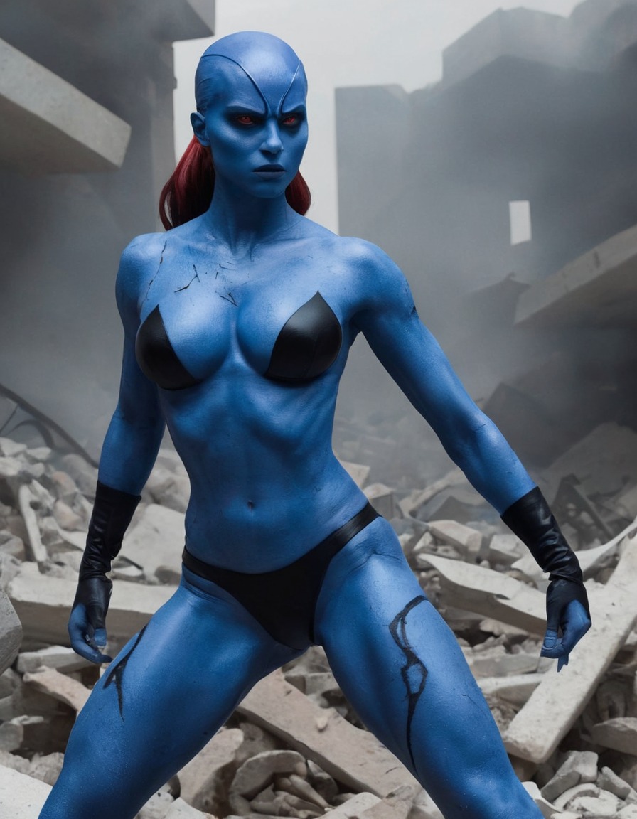 mystique, x-men, superhero, shapeshifter, defiant, rubble, action