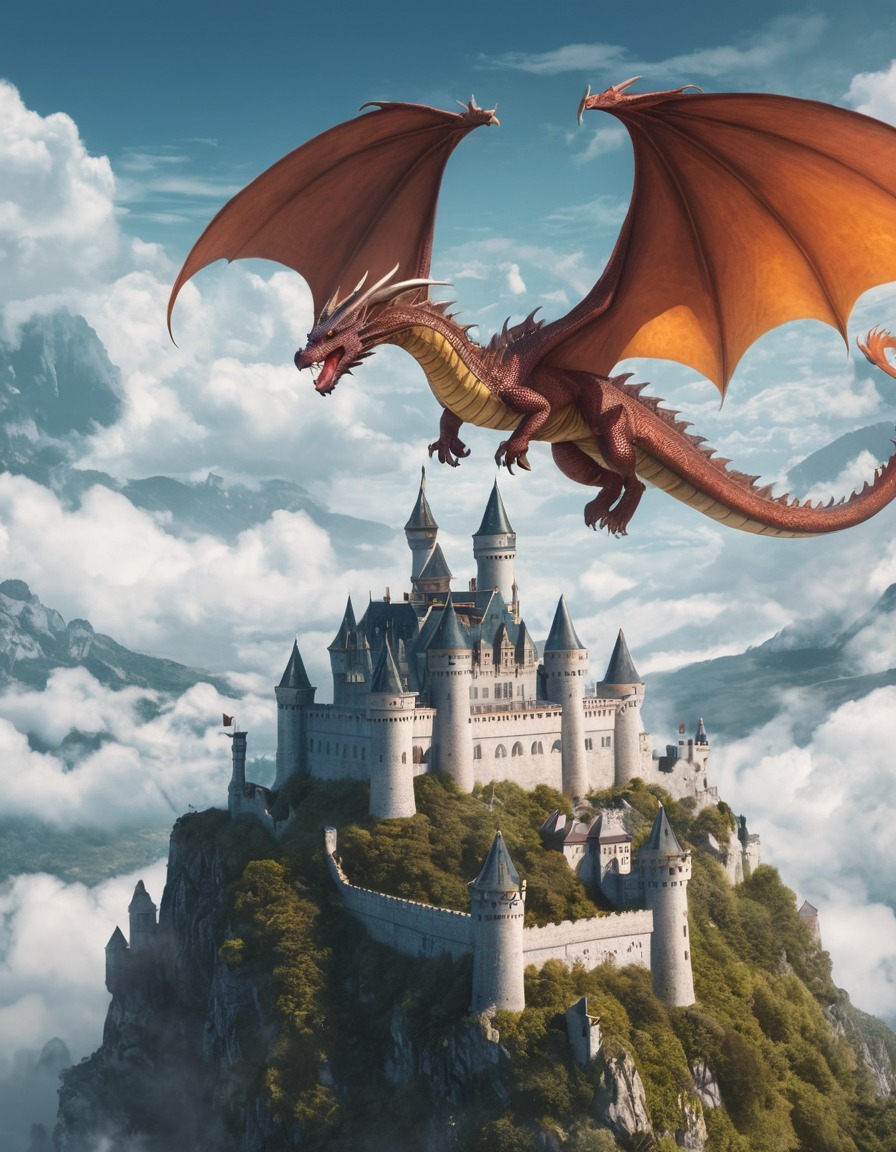 fantasy, dragon, castle, clouds, sky