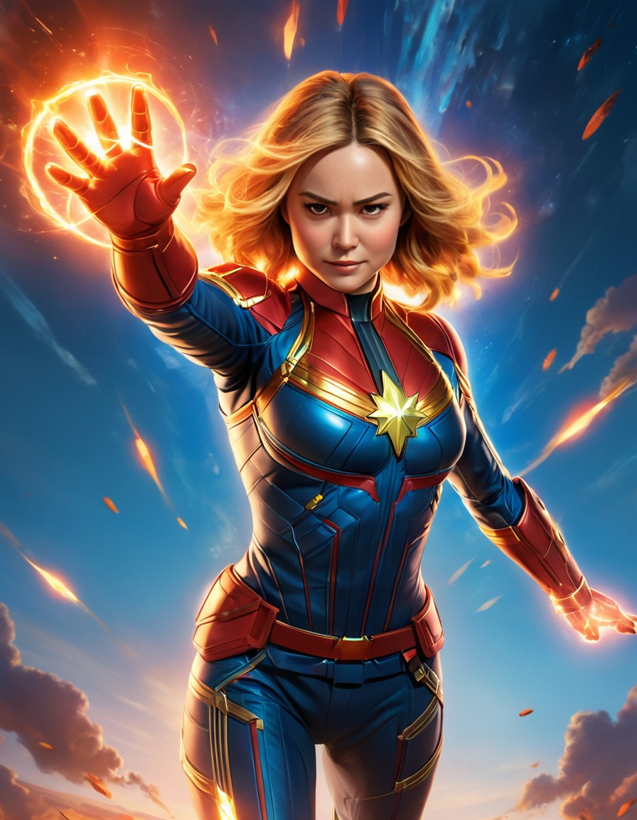 captain marvel, superhero, illustration, energy, flying, anime, marvel