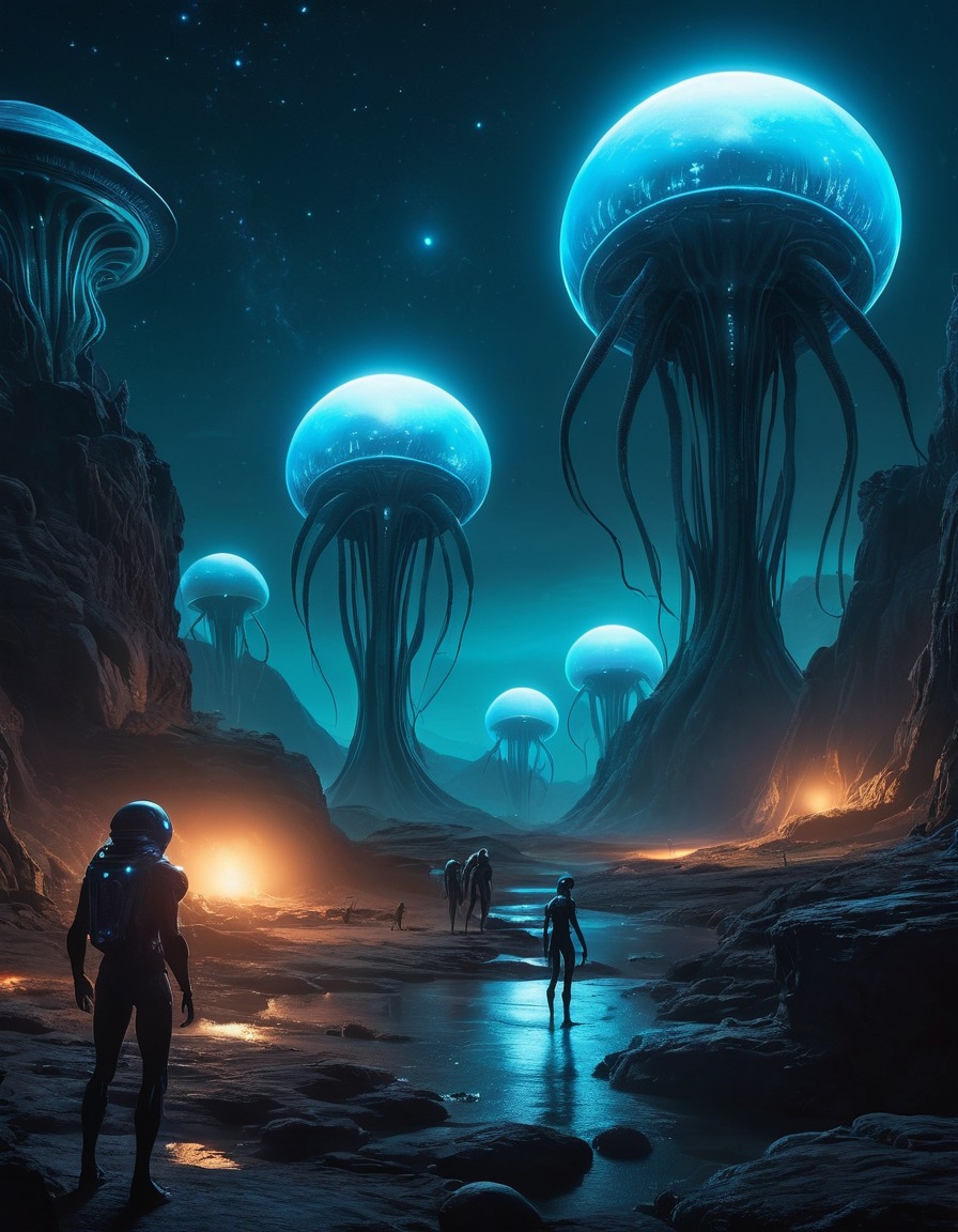 aliens, bioluminescent, exploration, sci-fi, fantasy, otherworldly, extraterrestrial