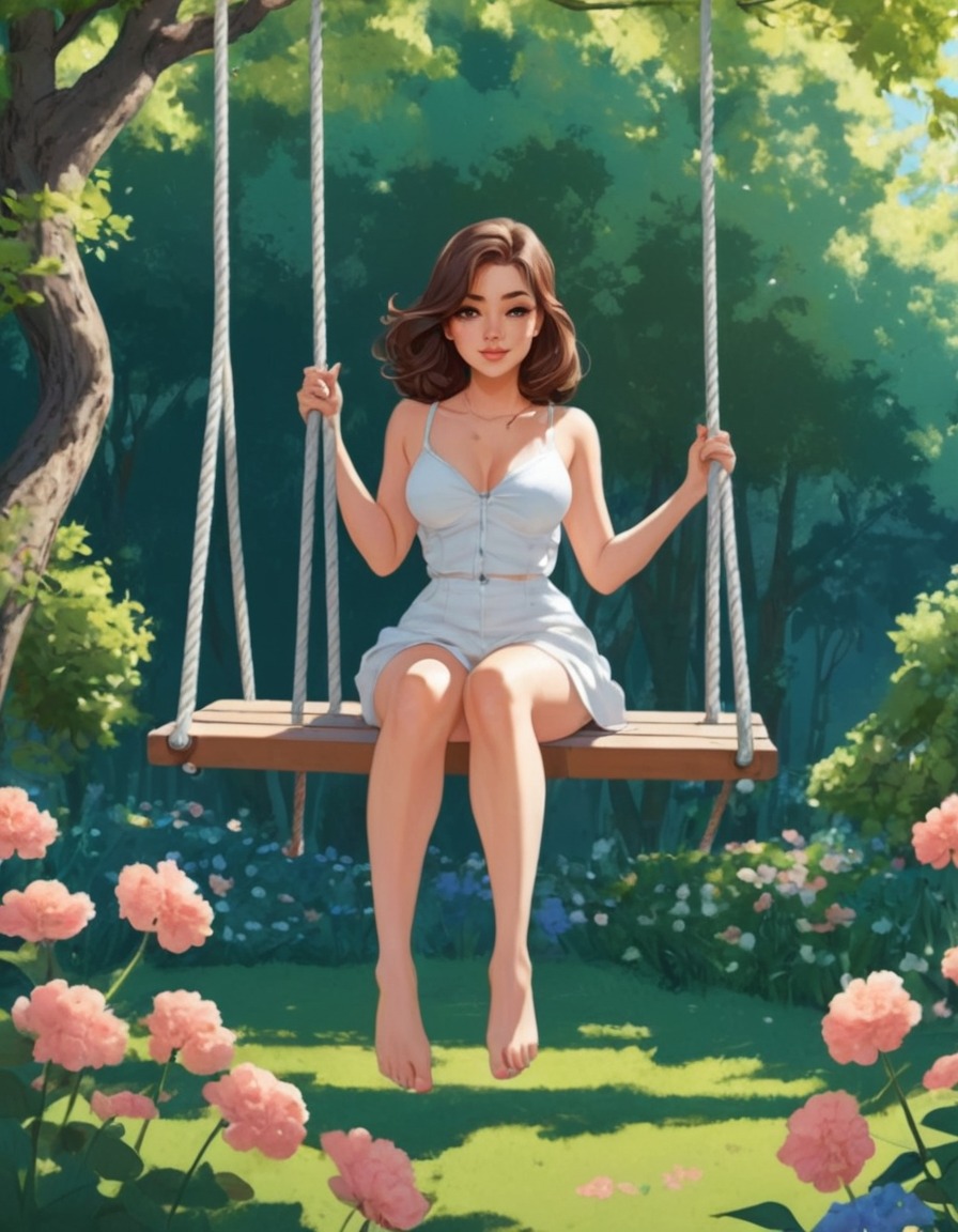 beautiful girl, swing, blooming garden, nature, relaxation