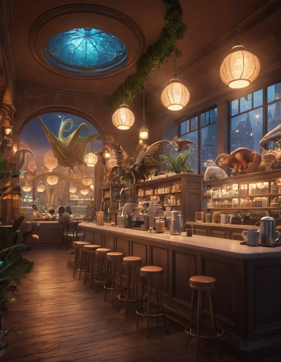 coffee shop, fantasy, city, fictional creatures, magic, adventure, original characters