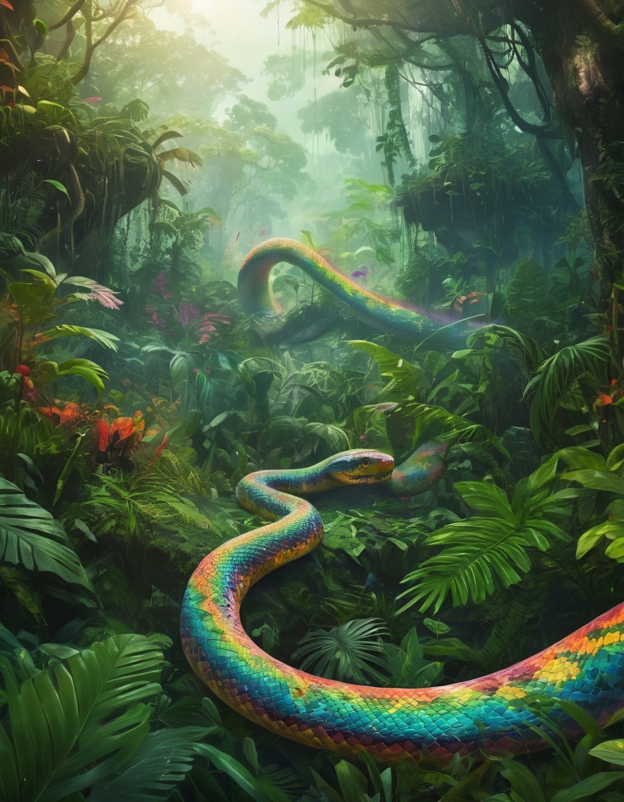 jungle, serpent, rainbow, colorful, nature