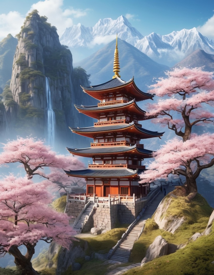 buddhist monastery, mountains, pagodas, cherry blossom trees, serene, spirituality