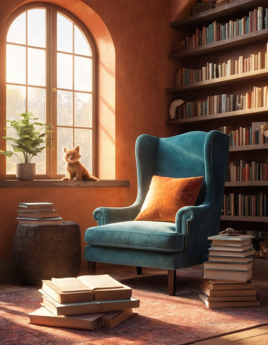 reading nook, armchair, books, relaxation, cozy, home, interior