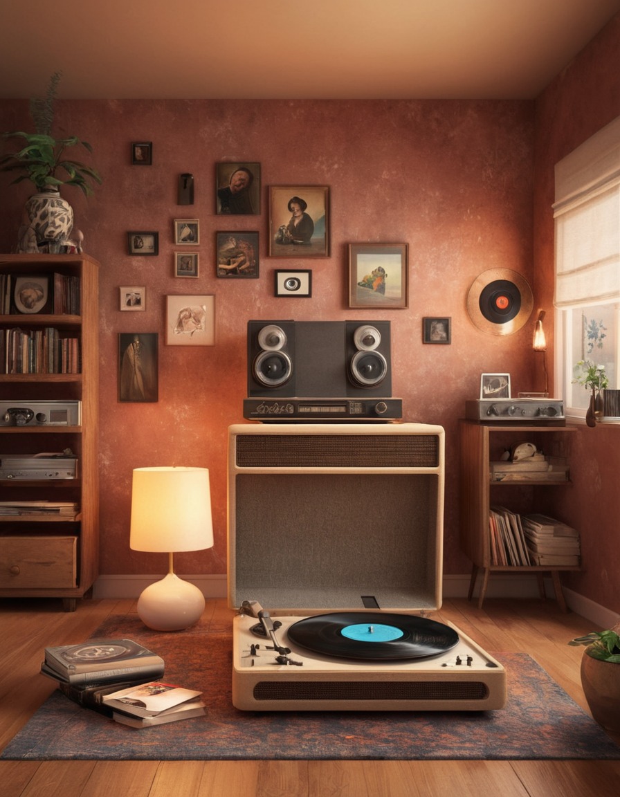 vintage, vinyl records, record player, music, cozy room