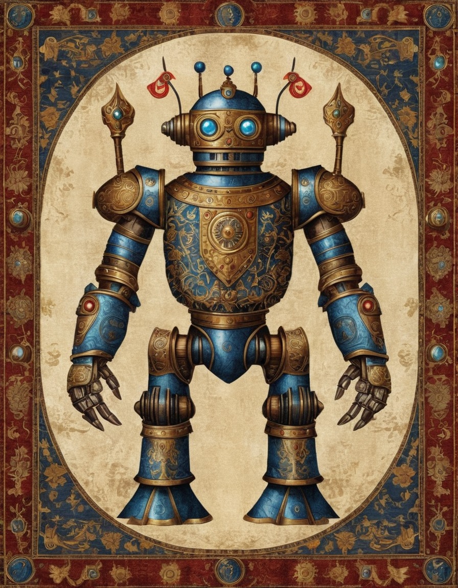 medieval, tapestry, robot, mythical creature, art