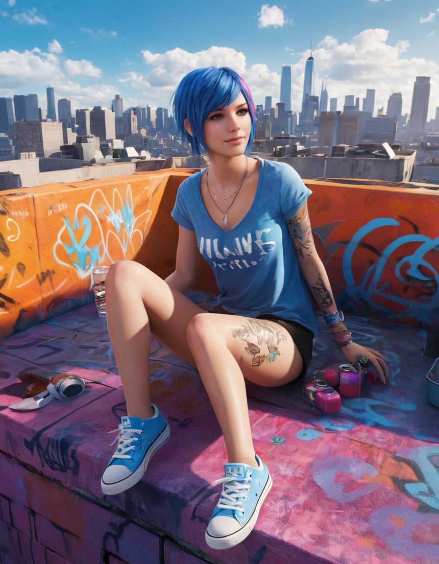 chloe price, graffiti, rooftop, cityscape, games, girls from games