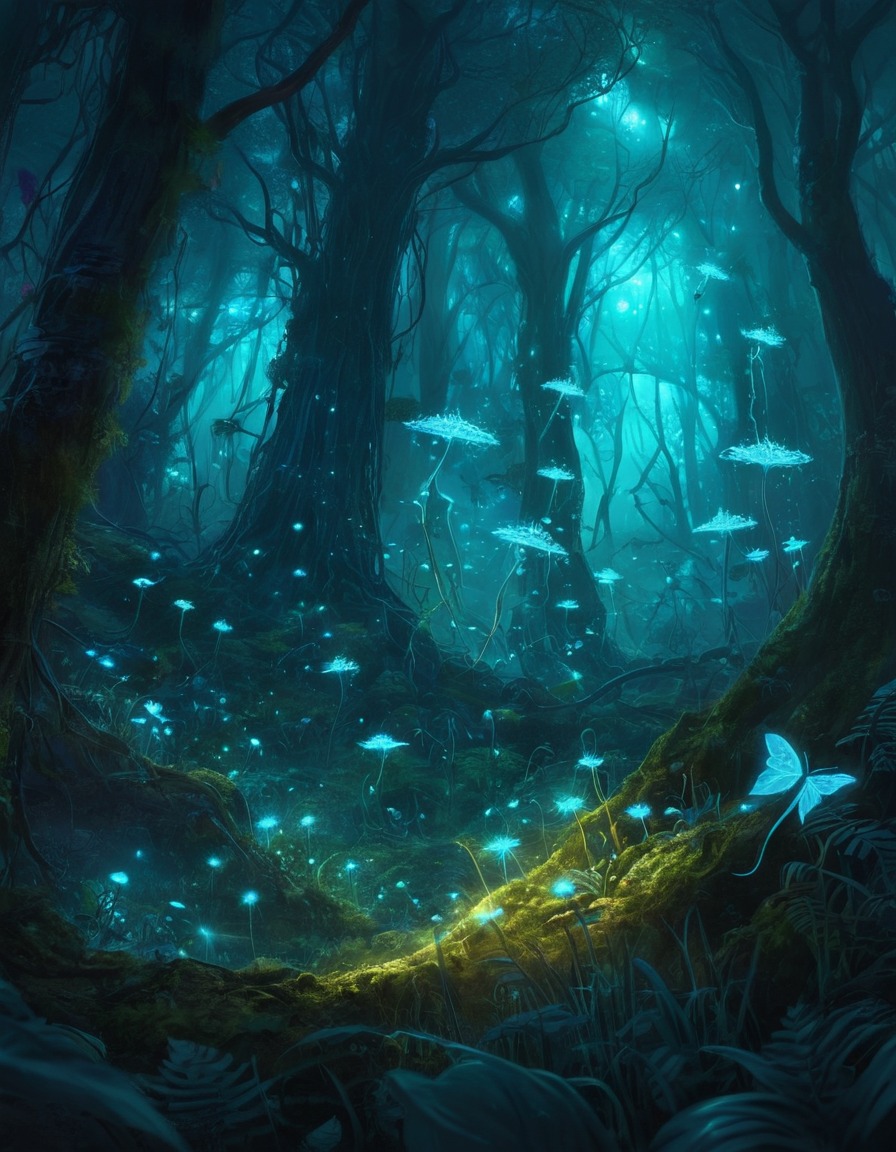 enchanted forest, bioluminescence, fantasy, faeries, nature