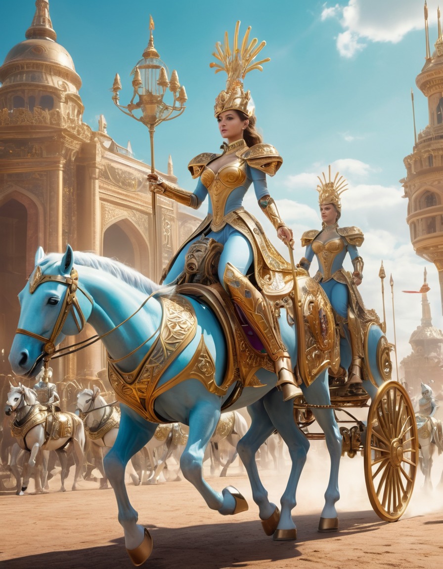 futuristic, robots, queen, royal procession, mechanical horse, medieval, art