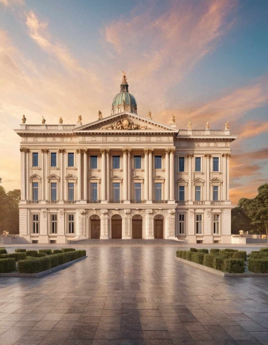 neoclassical architecture, grand building, city square, symmetry, architecture