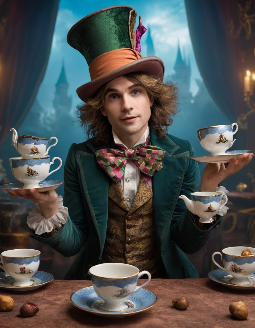 alice, mad hatter, march hare, tea party, juggling, fantasy, adventure, books