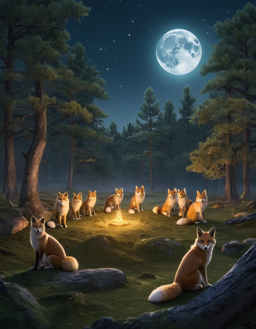 forest, clearing, kitsune, enchanting, full moon, gathering