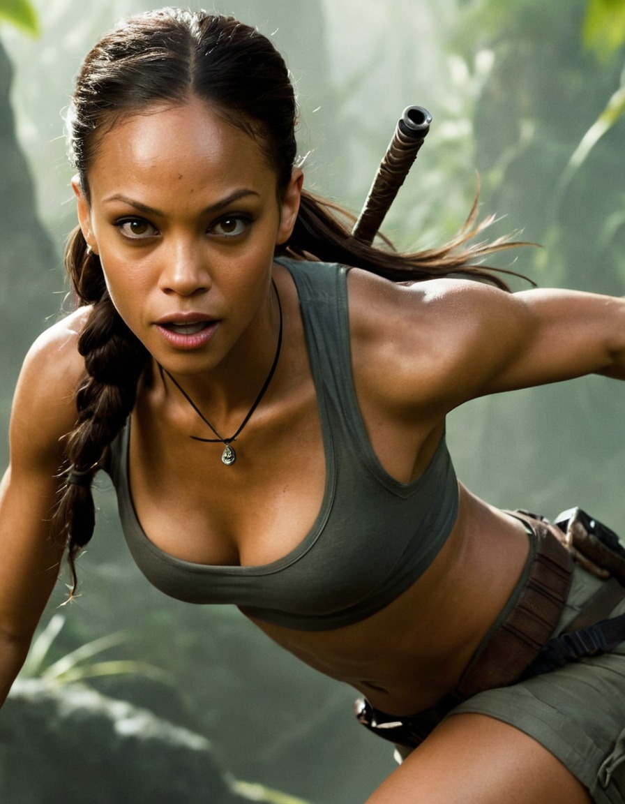 zoe saldana, lara croft, actress, action, character portrayal, video game adaptation