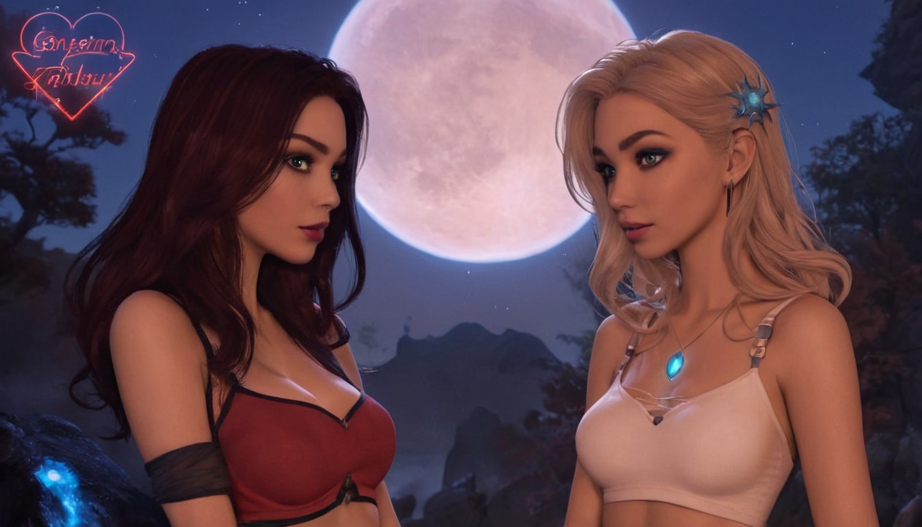 fanart, videogamefanart, digitalart, digitalpainting, originalcharacter, lesbianromance, love, moonlightmagic, romance, romanticcouple, lesbiancouple, romanticart, lgbtqlove