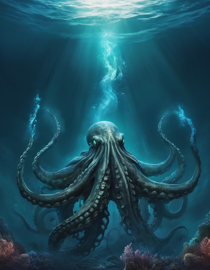 sea monster, mythical creature, giant octopus, ocean depths, underwater fantasy