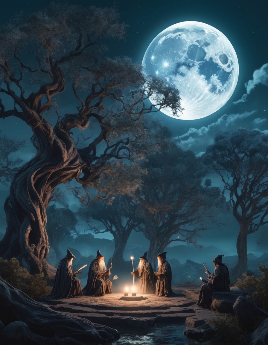 magic, wizards, full moon, ancient trees, fantasy, fantastic