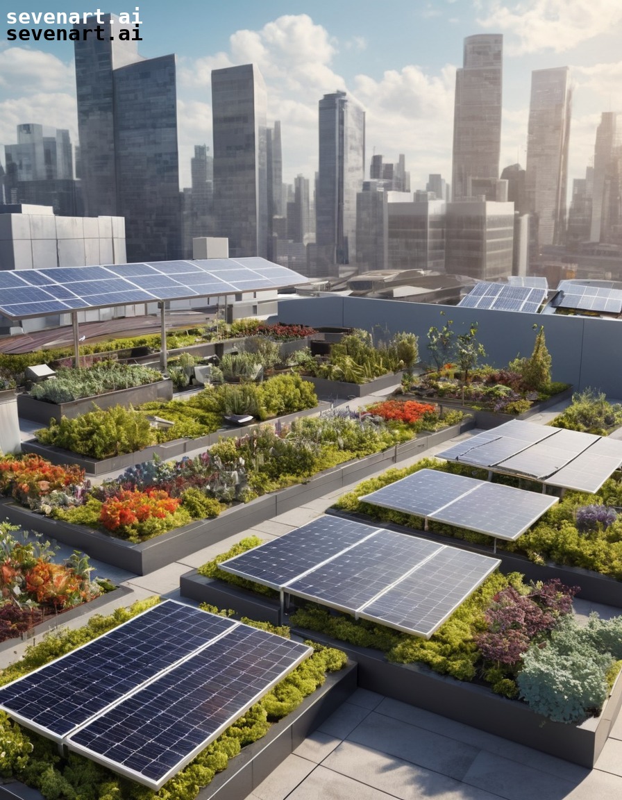 modern, cityscape, rooftop gardens, sustainable buildings, solar panels, modern city, city