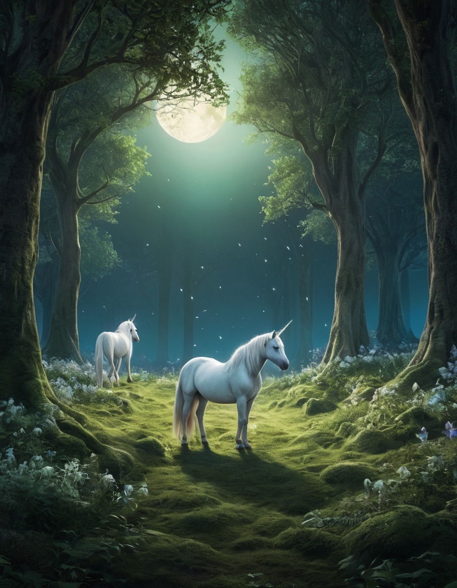 forest glade, unicorns, moonlight, fantasy scene, magical creatures