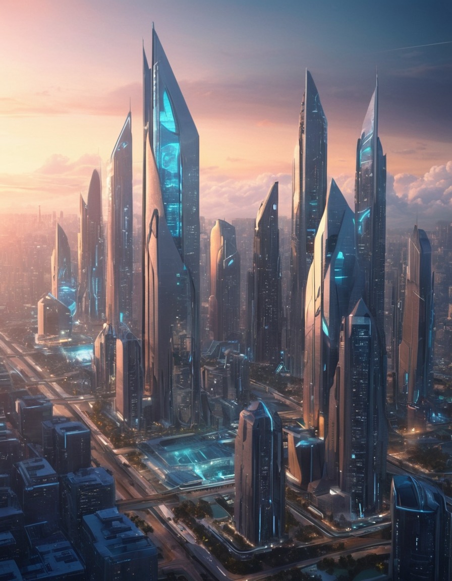 futuristic, cityscape, geometric buildings, modern style, architecture