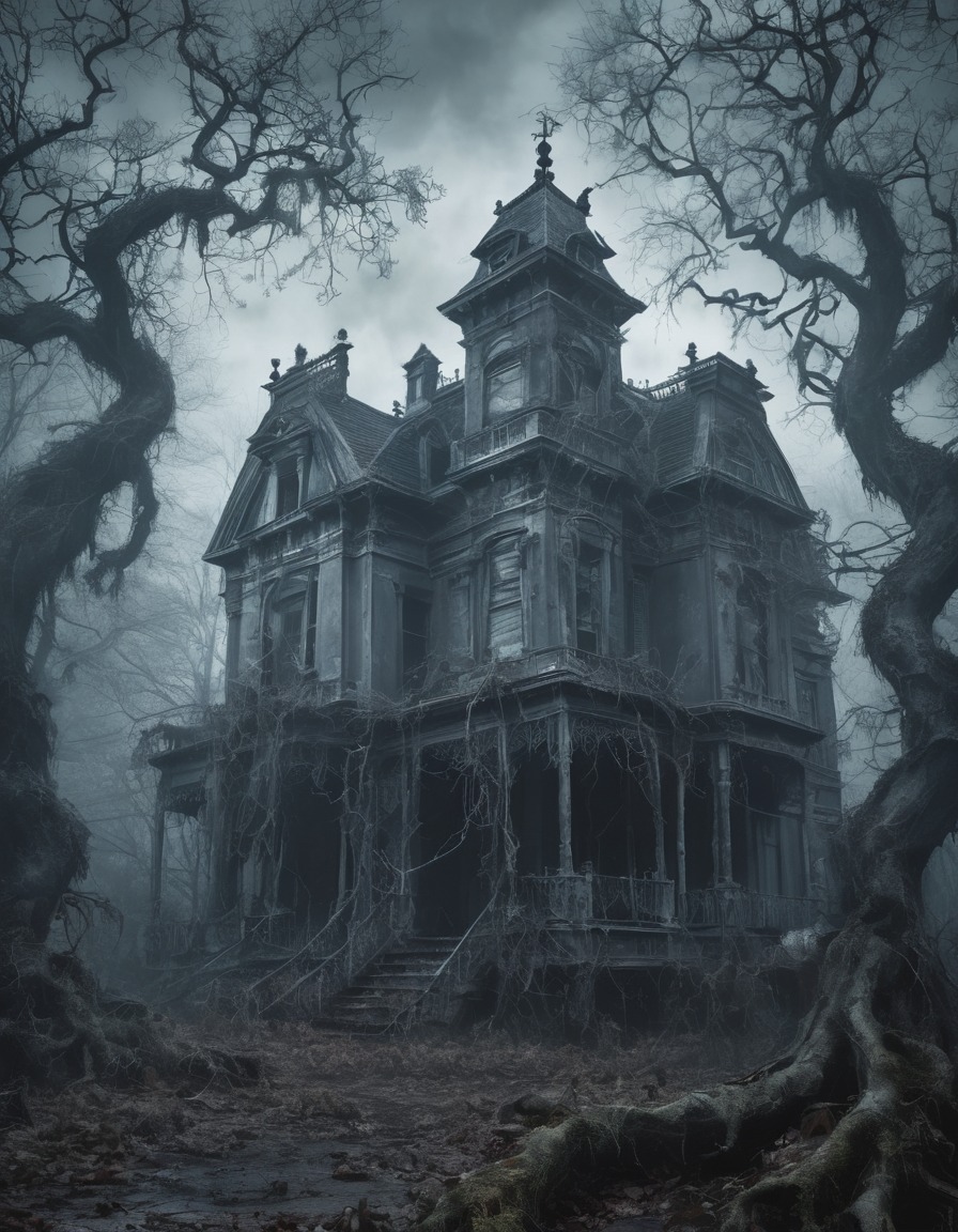 abandoned mansion, haunted, mist, gnarled trees, gothic, underground, dark