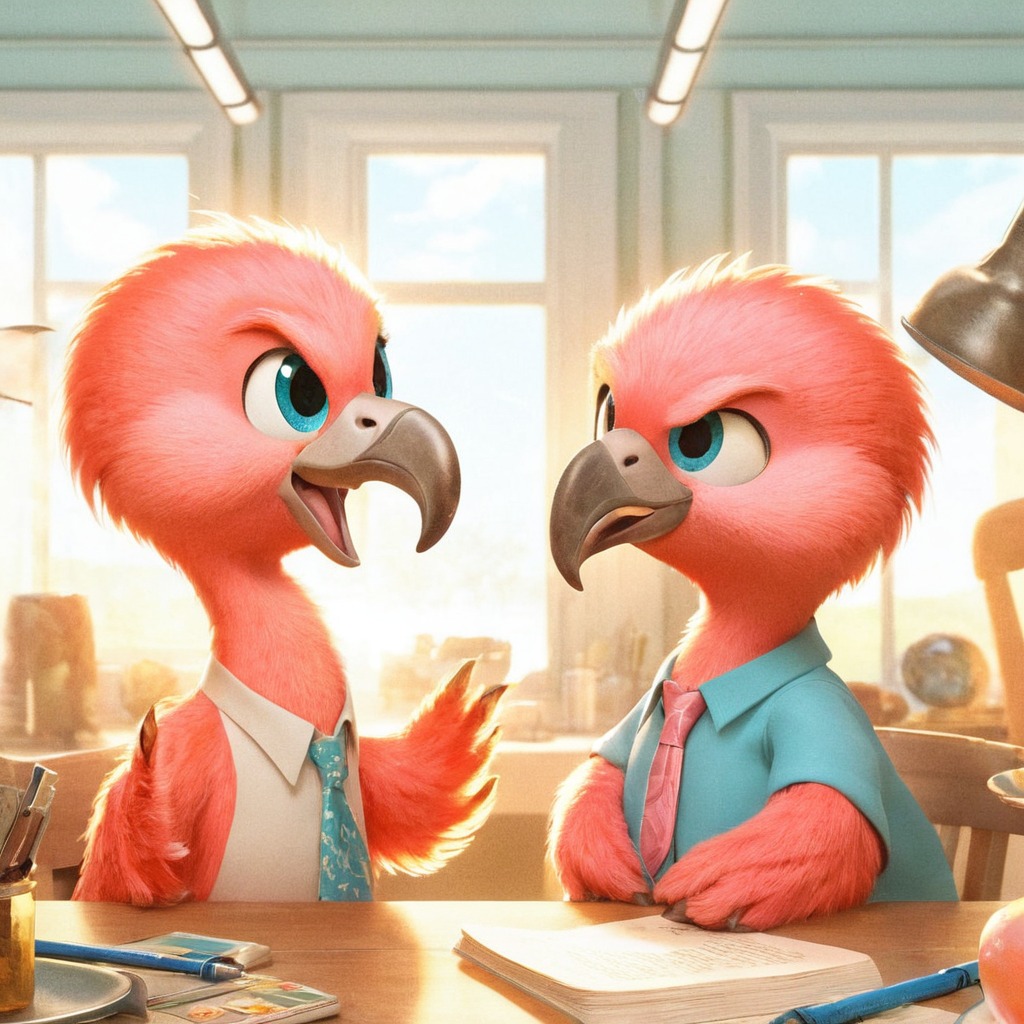 animal, bird, arguments, copilot, dalle3, fighting, flamingo, office, work, aiart