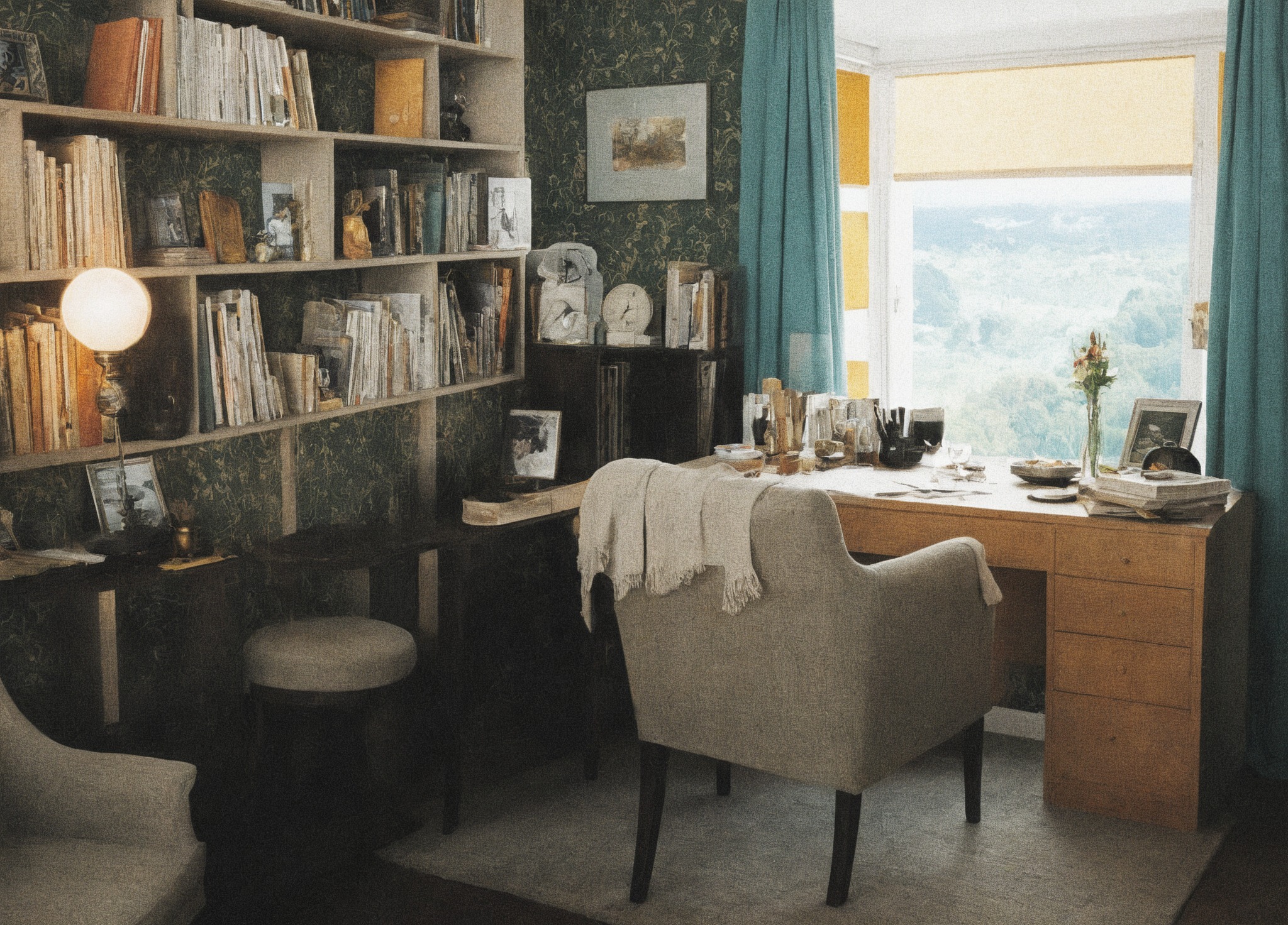 vintage, vintage interior, 1980s, 80s, interior design, home decor, home office, study, bookshelves, desk, floral, upholster, rug, corner chair, william morris, wallpaper, blackthorn, classical, style, irish, home