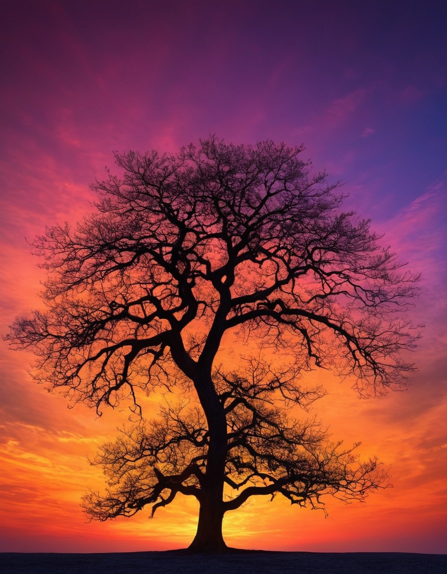 nature, tree, silhouette, sunset, sky, colorful